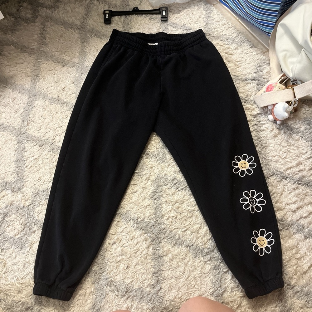 Garage Black Cuffed Rollover Waistband With Floral Smiley Motif